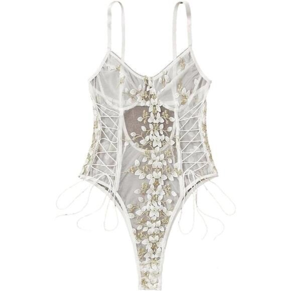 Pants - Women Sexy Lingerie Bodysuit Top Mesh Sheer One Piece White